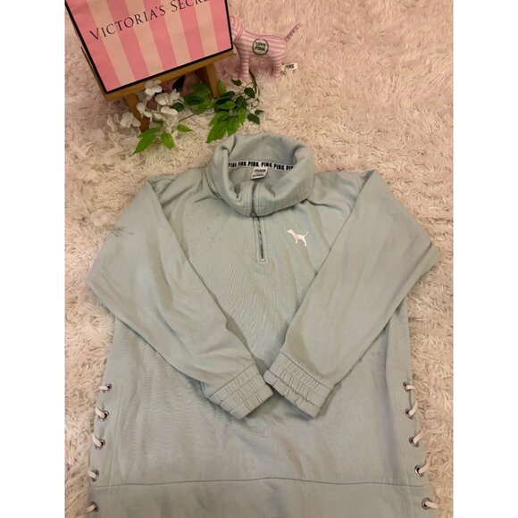 Victorias Secret Pink Quarter-Zip Pullover Sweatshirt Size S Teal - Picture 5 of 16
